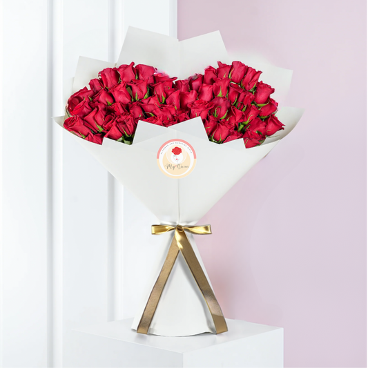 Hand Tied Heart-Shaped  Flowers Bouquet | 50 Premium Red Roses