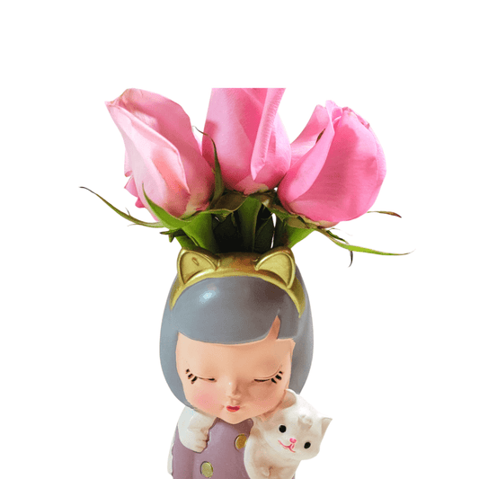 Floral Little Girl with cat | Flowers in modern vase - My Queen