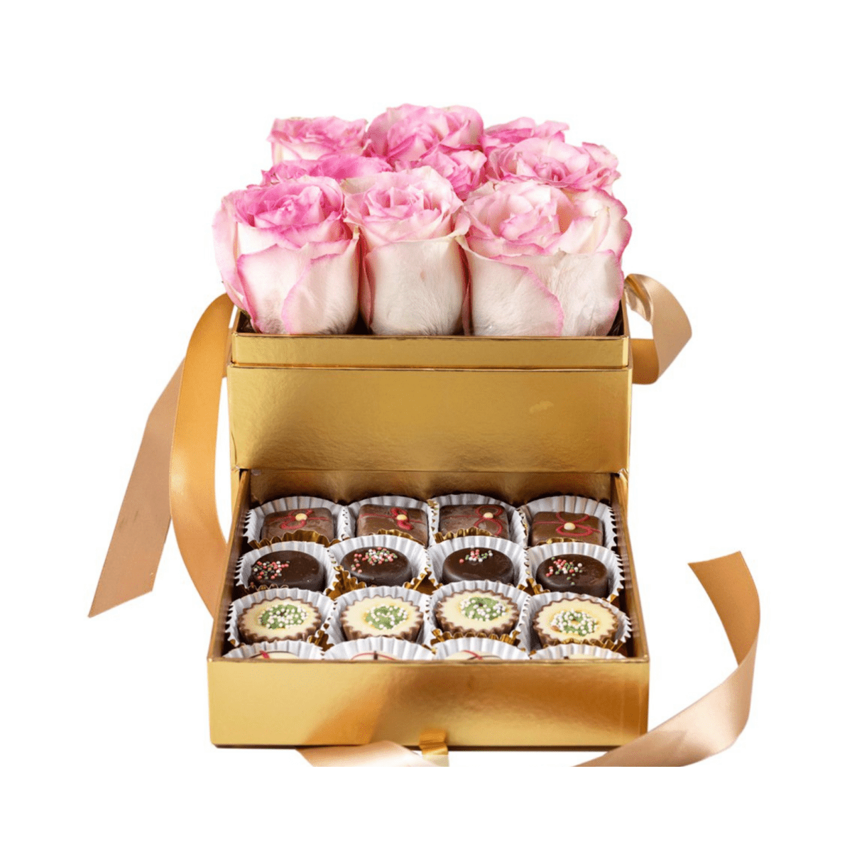Flowers Gift Box Square, Gold with Chocolates - My Queen
