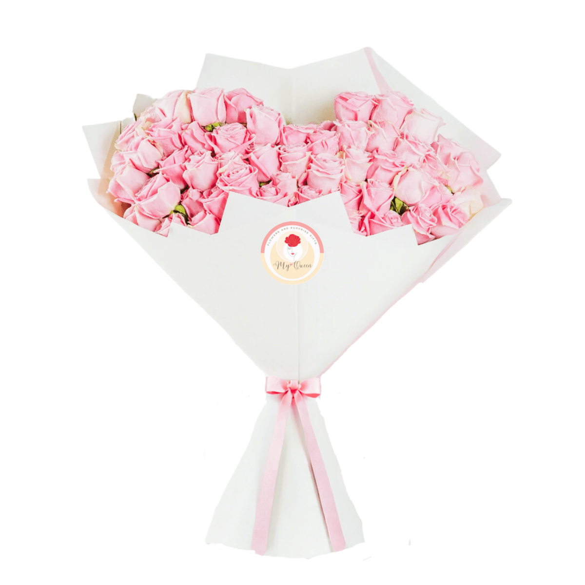 Hand Tied Heart - Shaped Flowers Bouquet | 50 Premium Pink Roses - My Queen