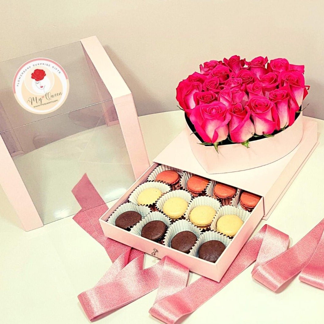 My Queen | Surprise flower box with french macaroons - My Queen