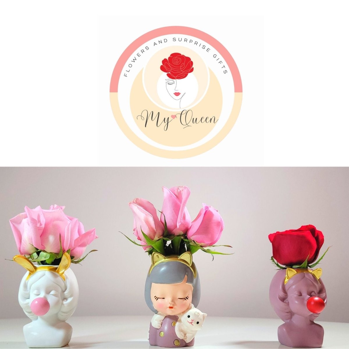 Floral Little Girl with cat | Flowers in modern vase - My Queen