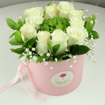 Pure White | Surprise flower box with dipped in chocolate strawberries - My Queen